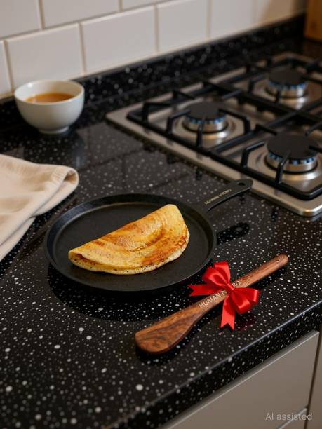 Human Hydro IronCure Cast Iron Single Handle Dosa Tawa With Wooden Spatula| Pre-Seasoned Induction Bottom Cookware Set