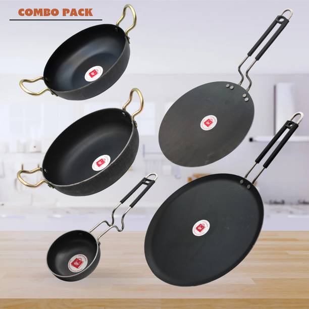 LAZYwindow Traditional Iron Deep Bottom Kadhai, Tawa And Tadka Pan with Grip type Handle इंडक्शन बॉटम कुकवेयर सेट
