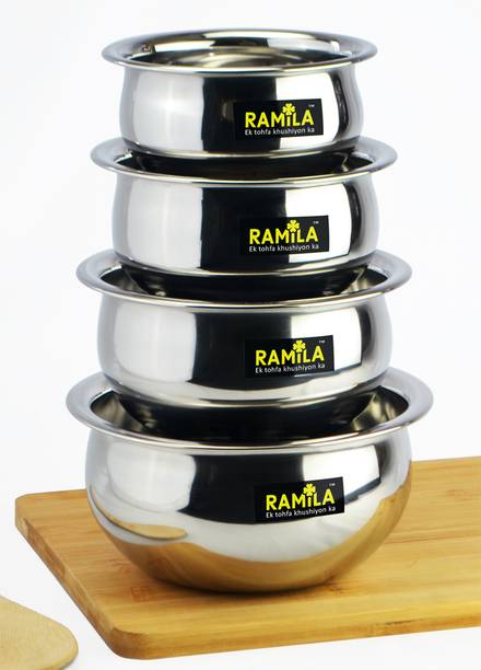 RAMILA Pack of 4 Stainless Steel Dinner Set Handi /Handi Set ( 1.5-L, 1-L, 0.75-L, 0.50-L / Capacity ) Dinner Set