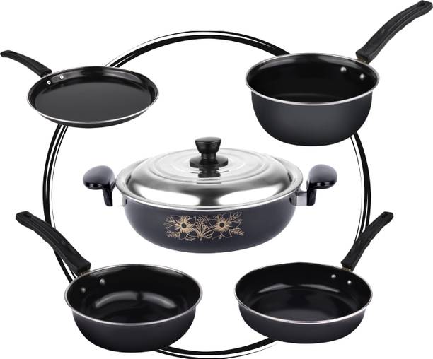 MY STORE Non-Stick Cookware Set (6 Pcs) Kadhai with Lid, Tawa, Frypan, Saucepan, Tadka - Induction Bottom Non-Stick Coated Cookware Set