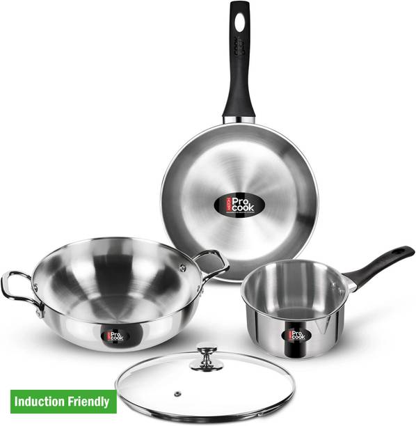MILTON Pro Cook Stainless Steel Sandwich Bottom 4 pcs Kitchen Set Two Pan, Kadai, Lid Induction Bottom Cookware Set