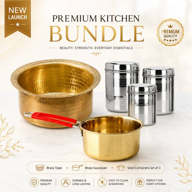 StopShop Brass Tope & Saucepan with Steel Container Set, Pack of 5 Cookware Set