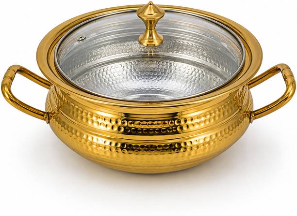 m.h.a international Brass Serving Majestic Handi with Glass Lid | Induction Bottom Non-Stick Coated Cookware Set