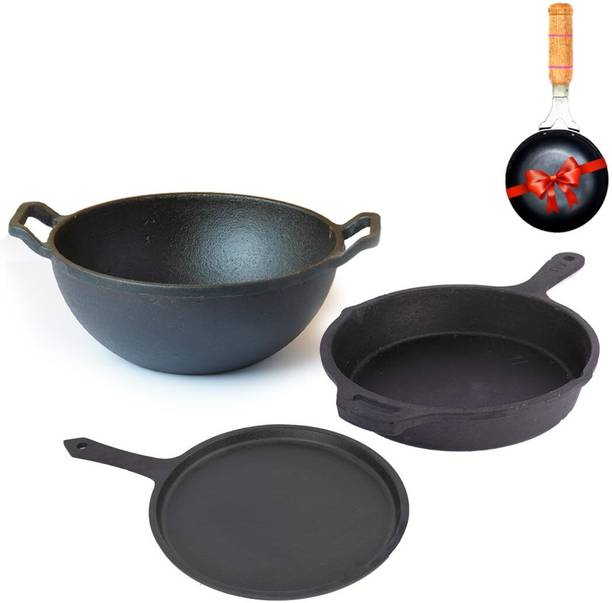 The Indus Valley Pre-Seasoned Cast Iron Cookware Set +Free Tadka Pan|Set of Tawa, Kadai & Fry Pan इंडक्शन बॉटम कुकवेयर सेट
