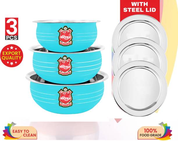 Nirvika Stainless Steel Powder Coating Sky Blue handi with Lid 0.750 L, 1.100 L, 1.500 L Non-Stick Coated Cookware Set