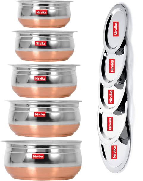 Nirvika Stainless Steel Copper Bottom Handi/Urli With Lid set of 5 Piece Induction Bottom Non-Stick Coated Cookware Set