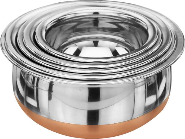 LIMETRO STEEL Set of 5 Copper Base Handi Set / Urli Set / Steel Cookware Set कुकवेयर सेट