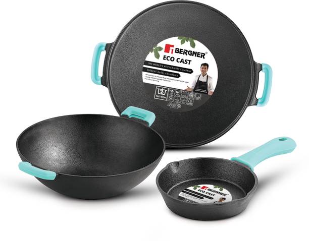 BERGNER Bergner Eco Cast Iron 3 Pcs Cookware Set - Kadai, Frypan, Dosa Tawa, Cast Iron Induction Bottom Cookware Set