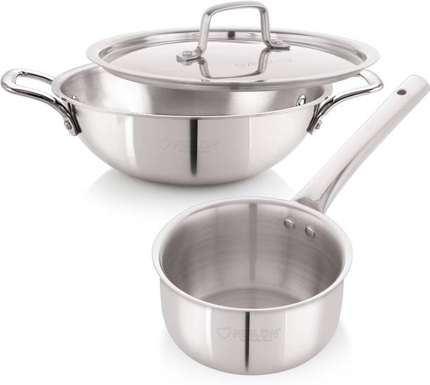 NIRLON Plus Triply Steel Cookware Set of 3Pc|Kadhai 24cm with & Sauce Pan 16cm Induction Bottom Cookware Set