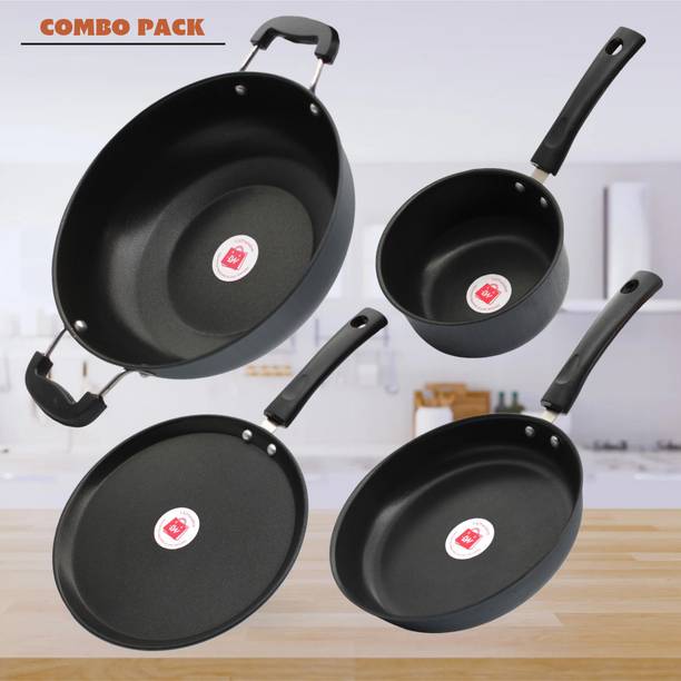 LAZYwindow Nonstick Sauce Pan/Fry Pan, Tawa & Kadhai Combo (Black And Base Grey) Induction Bottom Non-Stick Coated Cookware Set