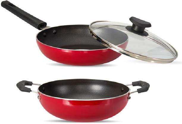 NAVRANG NONSTICK COMBO SET FRY PAN 220+ KADAI 220 AND GLASS LID कुकवेयर सेट