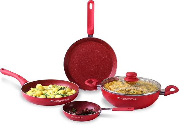 WONDERCHEF Royal Velvet Non-stick 5-piece Cookware Set (Fry Pan with Lid, Wok, Dosa Tawa, Mini Fry Pan) Induction bottom, Soft-touch handles, Virgin grade aluminium, PFOA/Heavy metals free, 3 mm, 2 years Induction Bottom Non-Stick Coated Cookware Set