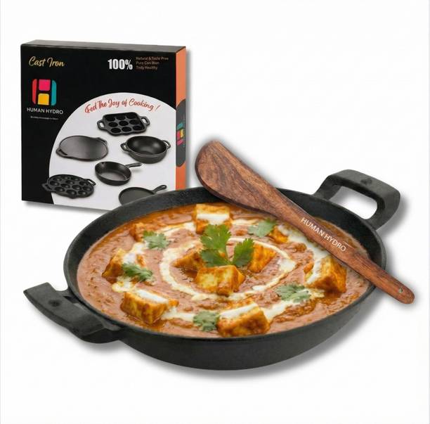 Human Hydro IronCure Cast Iron Kadai 26 CM with Wooden Spatula Induction Bottom Cookware Set