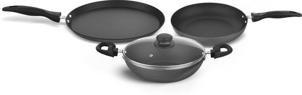 Preethi Daily Collection Non Stick Set,28cm Tawa,24cm Fry Pan,Kadai 24cm, With Glass Lid Induction Bottom Non-Stick Coated Cookware Set