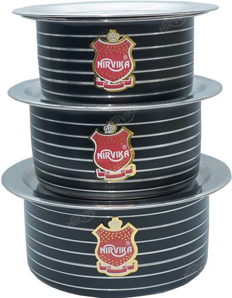 Nirvika Pack of 3 Stainless Steel cooking & serving Powder Coating Black Tope wi
