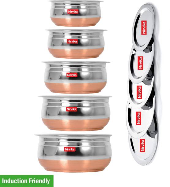 Nirvika Stainless Steel Copper Bottom Handi/Urli With Lid set of 5 Piece Induction Bottom Non-Stick Coated Cookware Set