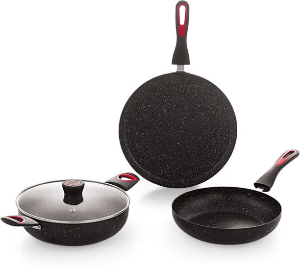 iVBOX iron-Max Heavy Weight 5-Layer Coating 28cm Tawa, 24cm kadhai and 24cm Fry Pan Induction Bottom Non-Stick Coated Cookware Set