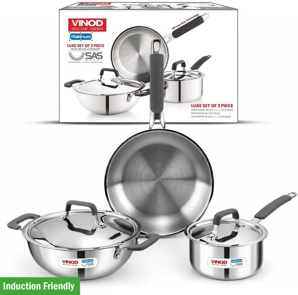 VINOD Platinum Luxe Triply | 2.5mm Thick | Cool Grip Handles Induction Bottom Cookware Set
