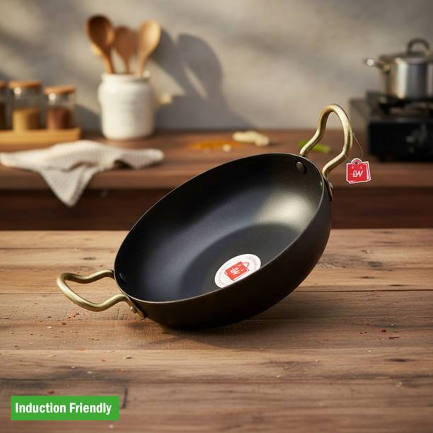 LAZYwindow Traditional Iron Deep Bottom Kadhai with Handle Dia 19 cm Induction Bottom Cookware Set