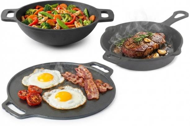 Flipkart SmartBuy Cast Iron (3-Piece Combo)– Dosa Tawa 30.5cm, Deep Kadai 25.4cm & Fry Pan 22.9cm Induction Bottom Cookware Set