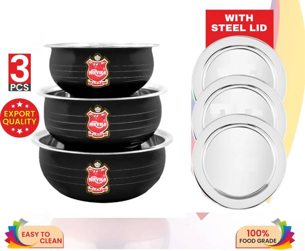 Nirvika Stainless Steel Powder Coating Black handi with Lid 0.750 L, 1.100 L, 1.500 L Non-Stick Coated Cookware Set