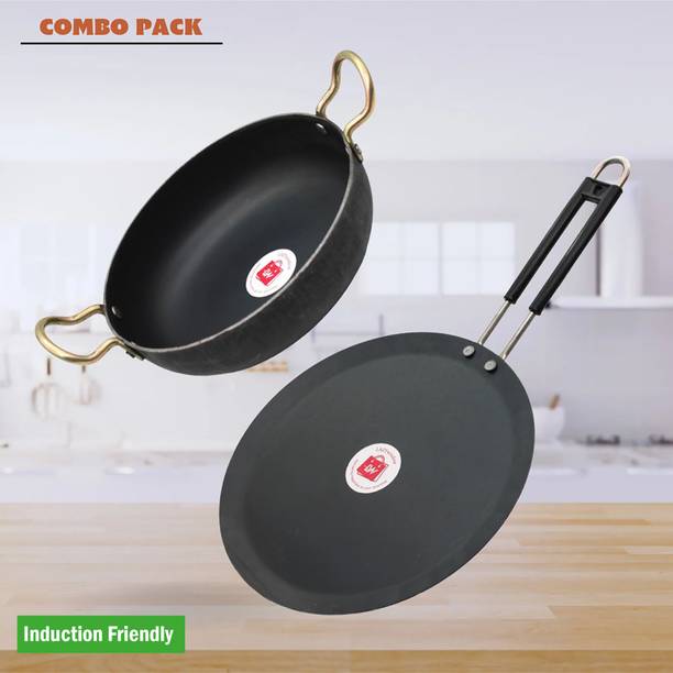 LAZYwindow Traditional Iron Tawa & Deep Bottom Kadhai (Base Black) Induction Bottom Cookware Set