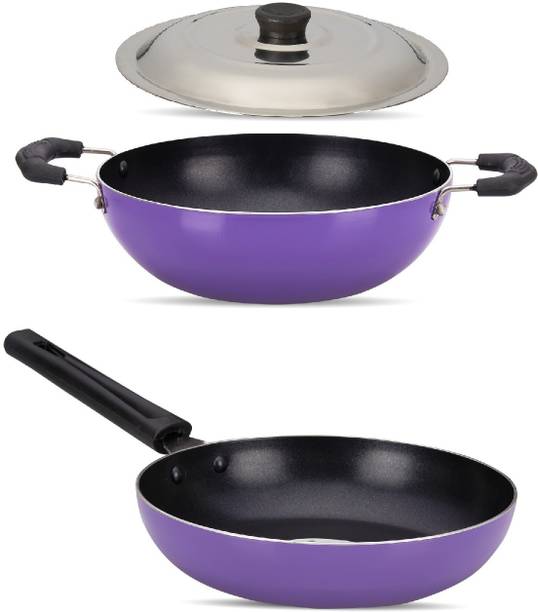 NAVRANG NONSTICK COMBO SET FRY PAN 22CM, KADAI 22CM WITH SS LID, PURPLE, NON INDUCTION कुकवेयर सेट
