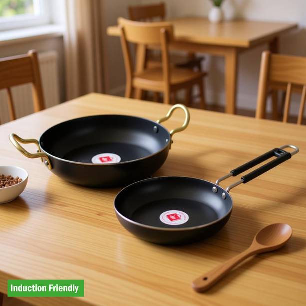 LAZYwindow Iron Deep Bottom Kadhai & Fry Pan Combo Pack Induction Bottom Cookware Set