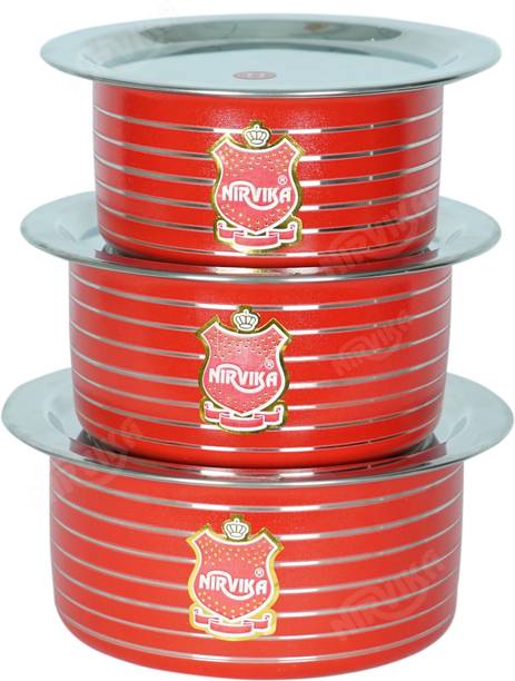 Nirvika 3 pcs Stainless Steel Powder Coating Red Tope with Lid 0.750 L, 1.100 L, 1.500 L Cookware Set