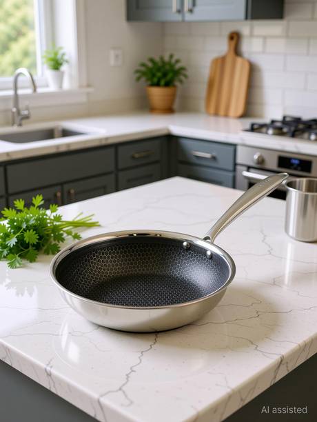 VINOD Platinum Triply Stainless Steel Fry Pan 24 cm |Honeycomb Pattern Design Inside इंडक्शन बॉटम कुकवेयर सेट