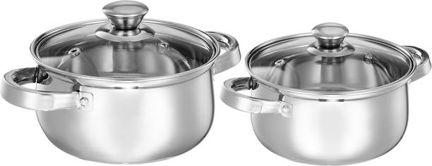 ANB ANB Set of 2 Stainless Steel Cook and Serve Set | Glass Lid | Dishwasher-Safe Induction Bottom Cookware Set
