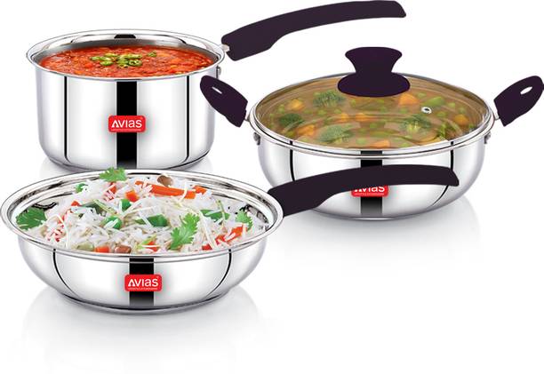 AVIAS Inox 4 Pcs Set with Glass Lid Induction Bottom Cookware Set