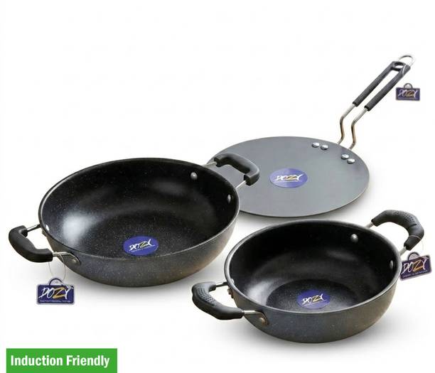 Dozy Iron-Rich Nonstick 3-Piece Cookware Combo: Kadhai & Tawa Set Induction Bottom Non-Stick Coated Cookware Set