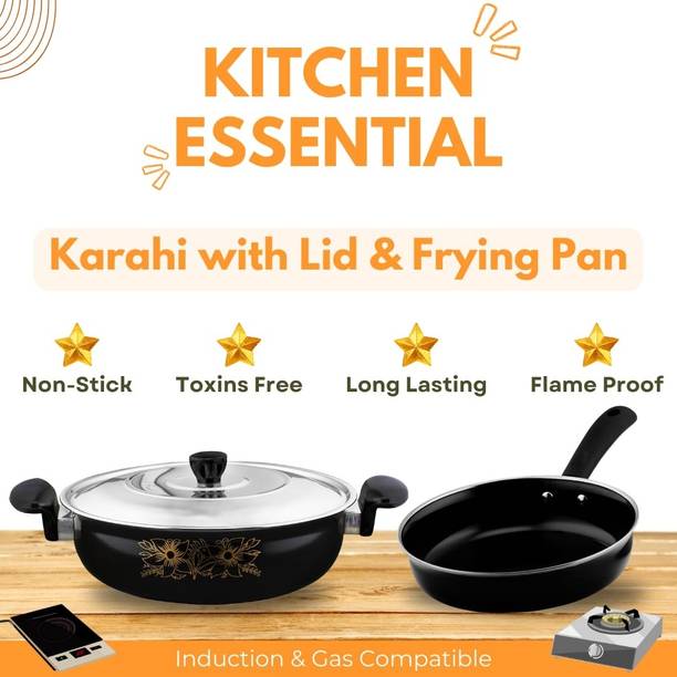 cookpro Cookpro kadhai with lid and Frying pan/Frypan omelette/curry/pizza Induction Bottom Non-Stick Coated Cookware Set
