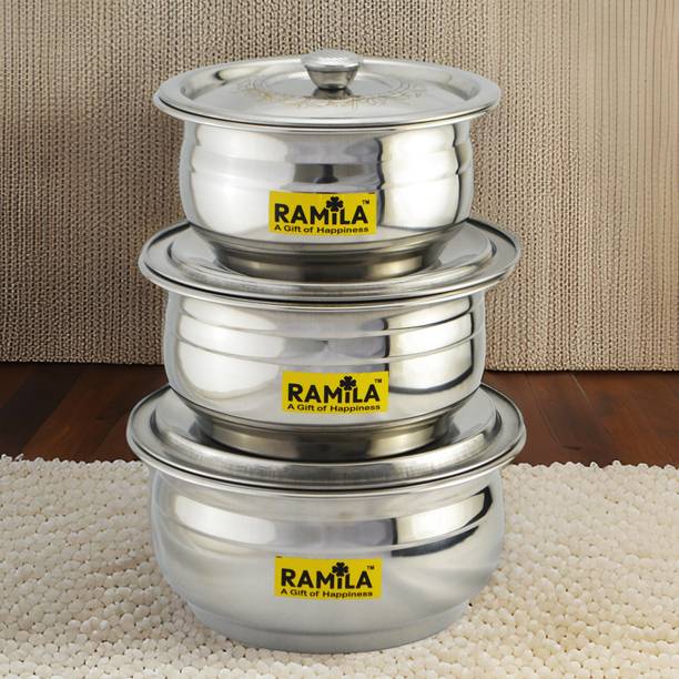 RAMILA Stainless steel cookware set Handi With Lid, Steel Set( LASER DESIGN LID ) Induction Bottom Cookware Set