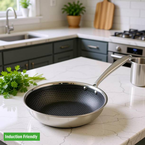 VINOD Platinum Triply Stainless Steel Fry Pan 24 cm |Honeycomb Pattern Design Inside Induction Bottom Non-Stick Coated Cookware Set