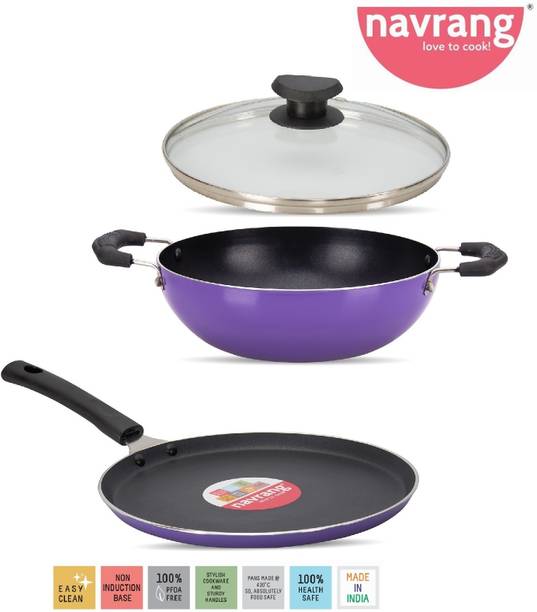 NAVRANG NONSTICK 2PCS COMBO TAWA 26CM,KADAI 22CM WITH GLASS LID, PURPLE, NON IB Non-Stick Coated Cookware Set