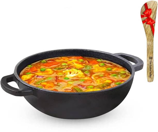 The Indus Valley Pre-Seasoned Cast Iron Kadai & Free Wooden Spatula |25.4 cm/10 inch, 2.3Ltr Induction Bottom Cookware Set