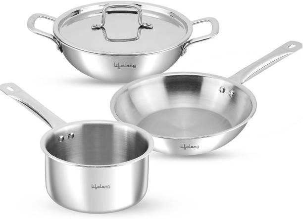 Lifelong Triply Kadai, Frypan & Saucepan with Lid Induction Bottom Cookware Set
