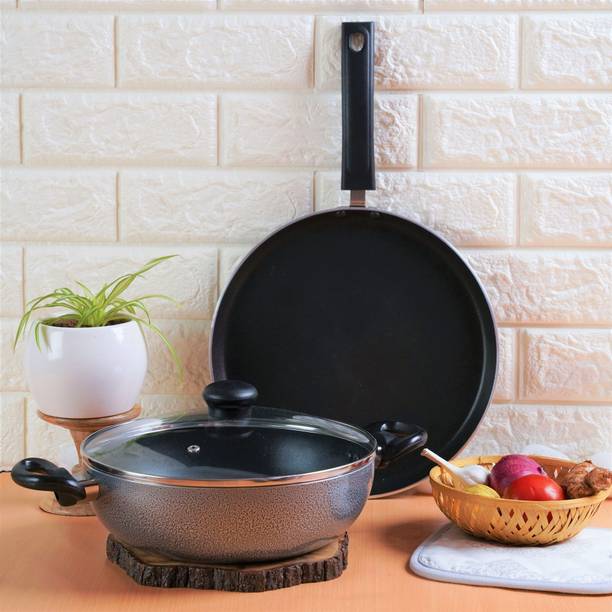 Kreme DELUXE 3mm NonStick Induction Bottom 240 kadai + 280 Tawa Set of 2 pcs Induction Bottom Non-Stick Coated Cookware Set