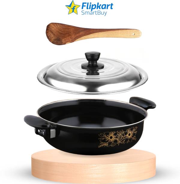 Flipkart SmartBuy Kitchen Non-Stick Combo Pack of Kadhai with Lid and Wooden Spatula - 3 इंडक्शन बॉटम कुकवेयर सेट