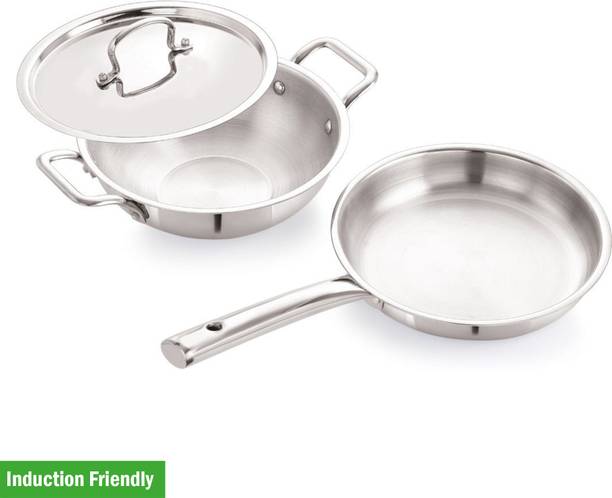iVBOX Platina-Pro Triply Steel 3pcs Set of 22cm Fry pan and 24cm Kadhai With Lid Induction Bottom Cookware Set