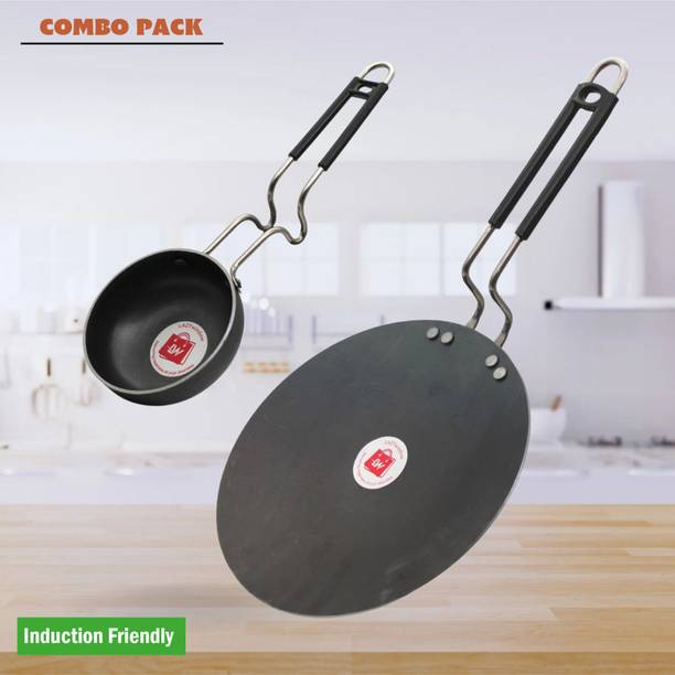 LAZYwindow Traditional Iron Tawa & Tadka Pan with Grip type Handle (Base Black) Induction Bottom Cookware Set