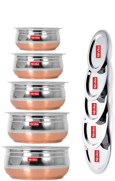 Nirvika Stainless steel Copper Bottom handi Set with lid 5 Piece Set/ steel serving bowl Non-Stick Coated Cookware Set