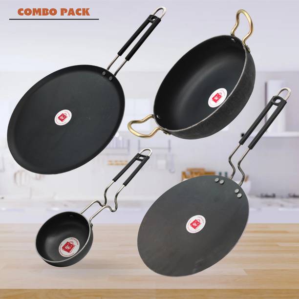 LAZYwindow Traditional Iron Tawa, Tadka Pan with Grip type Handle And Deep Bottom Kadhai Induction Bottom Cookware Set