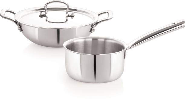 iVBOX Platina-Pro 3pcs Triply Steel 16cm Sauce Pan/Milk Pan and 24cm Kadhai With Lid Induction Bottom Cookware Set