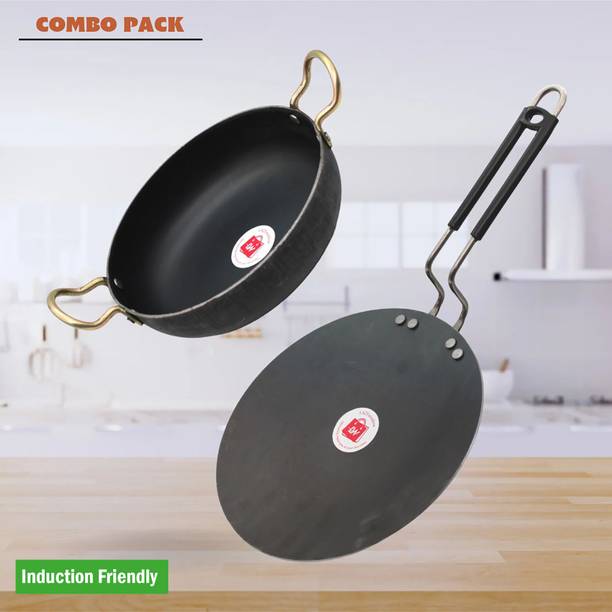 LAZYwindow Traditional Iron Tawa & Deep Bottom Kadhai (Base Black) Induction Bottom Cookware Set