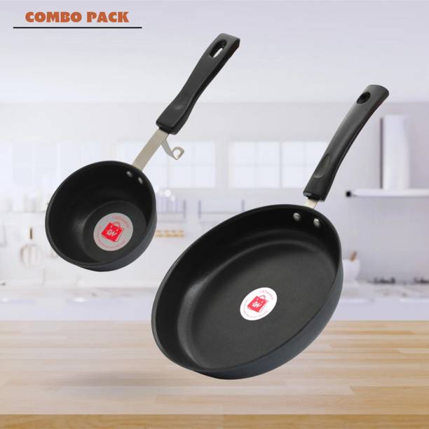 LAZYwindow Nonstick Tadka & Fry Pan Combo (Black And Base Grey) Induction Bottom Non-Stick Coated Cookware Set