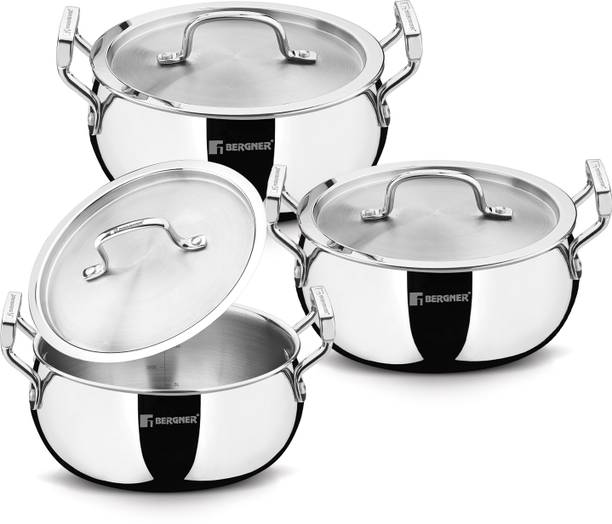 BERGNER TriPro Triply Stainless Steel Belly Shape Casserole with Lid (3 Pcs Combo) - Induction Bottom Cookware Set