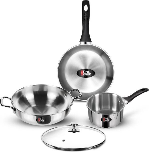 MILTON Pro Cook Stainless Steel Sandwich Bottom 4 pcs Kitchen Set Two Pan, Kadai, Lid Induction Bottom Cookware Set